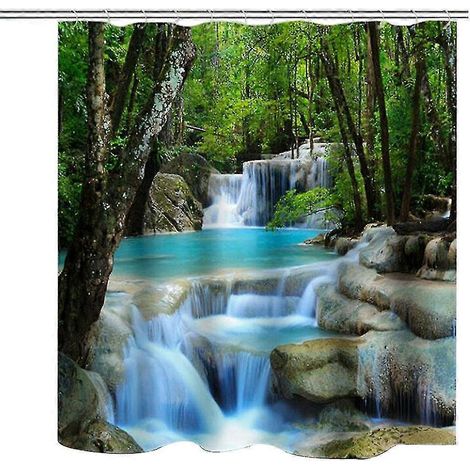 Ensemble de salle de bain 3D motif paysage naturel, rideau de douche, rideau de salle de bain avec 12 crochets, hydrofuge (1/4)