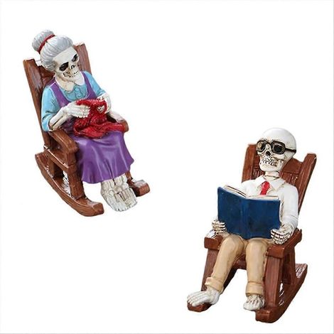 Figurines de couple squelette, sculpture de crâne en résine représentant un couple lisant dans un fauteuil à bascule, ornement décoratif pour étagère ou table. (1/5)