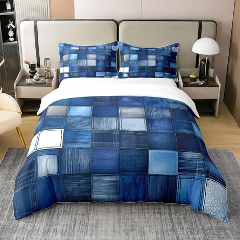Patchwork Coton Housse de Couette 240 x 260,Couvre Lit Style Océan Bleu,Ensemble de Literie Patch À Carreaux,Bleu Marine Couvre Lit,Idéal pour Adultes Adolescents (1/5)