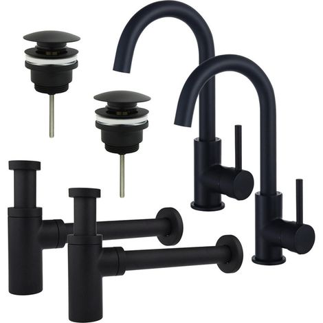 FugaFlow Eccelente Sobrado Kit robinet lavabo - pour double vasque - robinet haut - bec rotatif - bonde clic clac - siphon design - Noir mat (1/4)