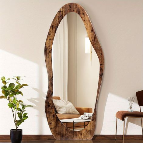 Miroir sur pied 150 x 60 cm – Cadre en bois irrégulier – Miroir mural ou sur sol – Design asymétrique ondulé pour salon, chambre, entrée, salle de bain (1/5)