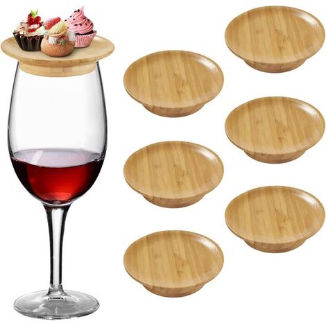 6 piezas,Fundas de bambú para copas de vino,Mini plato para embutidos de 10 cm,Posavasos de bambú natural,Color madera,10 x 10 x 2 cm (1/5)