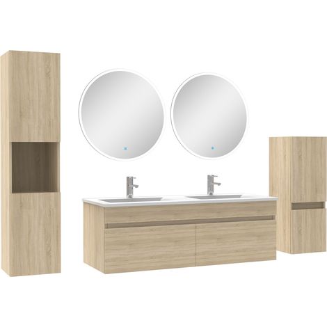 Meubles simple vasque 120cm,meuble acve colonne et miroir rond Chêne Wotan