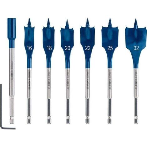 Set mit 7 Flachbohrern (für Weichholz, Spanplatten, Ø 16-32 mm, professionelles Zubehör für Schlagbohrmaschinen) (1/3)