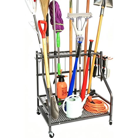 Organisateur d'outils de jardin en métal à 3 étages avec crochet et roue, pour pelouse, garage, cour et jardin (1/5)