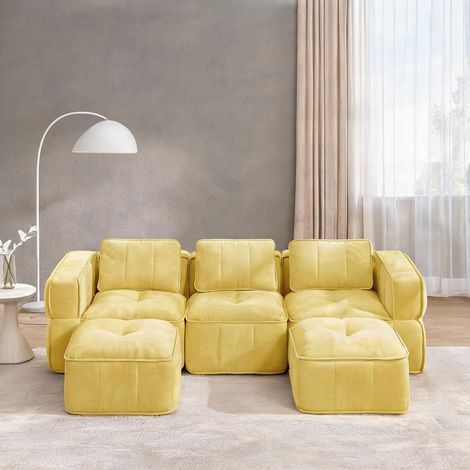 Canapé modulaire en tissu jaune 3 places avec 2 poufs (1/5)