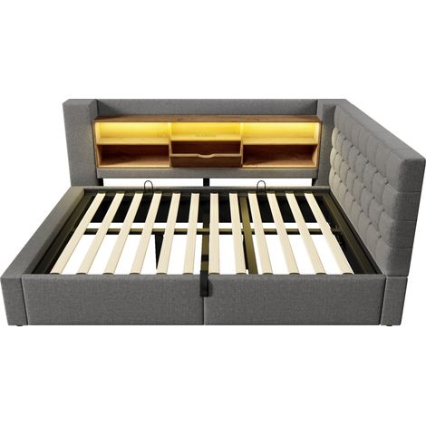 Lit coffre 140x190 cm en lin gris avec LED, tête de lit en L et sommier à lattes MODENUIT (1/5)