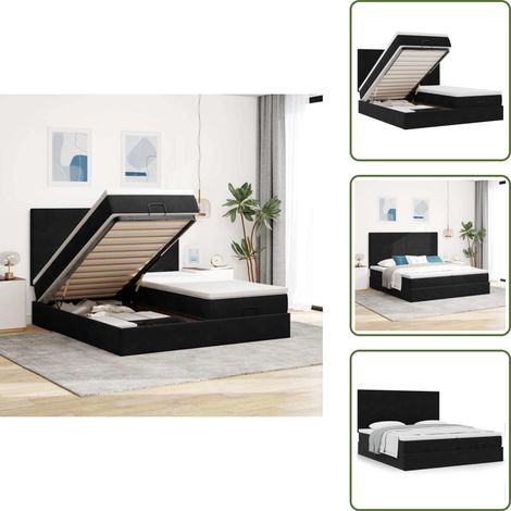 The Living Store Struttura Letto Pouf con Materassi Nero 160x200 cm in Velluto - Materasso a molle insacchettate