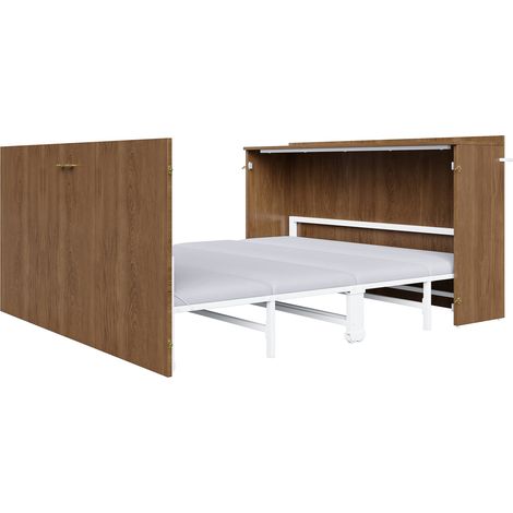 Cama abatible 140 x 200 cm con colchón de lino, estructura de metal, efecto madera (1/5)