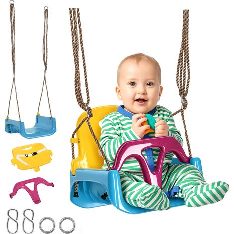 Balançoire enfant 3 en 1 avec suspension réglable en hauteur et dossier amovible, adaptée à une utilisation intérieure et extérieure, coloris bleu et jaune, dimensions 42 x 33 x 180 cm