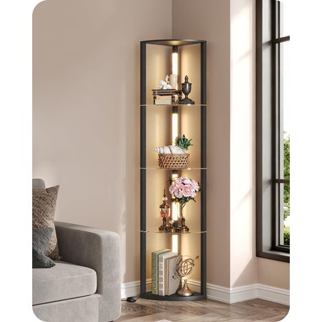 Lampadaire sur pied avec Étagères en Verre, Étagère d’Angle pour Salon,20W LED Lampe sur Pied Réglable, Barre Lumineuse Pivotant à 360°, pour Chambre, Bureau, Noir (1/5)