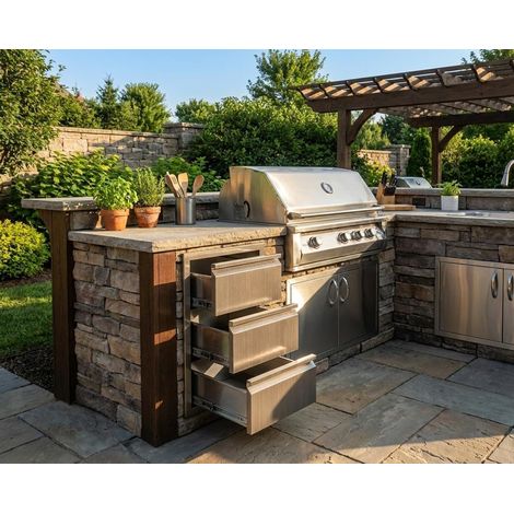 Meuble de Cuisine Extérieure en Acier Inoxydable 66×41×57 cm avec 3 Tiroirs, Résistant aux Intempéries pour Barbecue, Terrasse et Jardin, Gris (1/5)