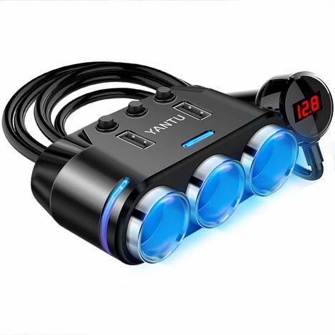XVX 3-fach Zigarettenanzünder-Adapter mit LED-Spannungsanzeige, Dual-USB-Autoladegerät, Ein-/Ausschalter, 12 V (1/5)
