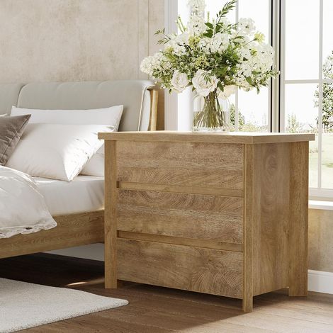 Tribesigns Mesita de noche de madera con 3 cajones, mesita de noche grande de granja con almacenamiento para dormitorio y espacios pequeños, fácil montaje, marrón rústico (1 unidad)