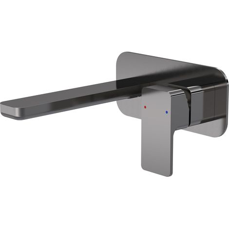 Square Wall Mount 2 Tap Hole Basin Mixer Tap & Back Plate - Brushed Pewter