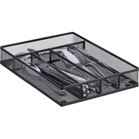 Organizzatore per posate a 5 scomparti - Nero (posate non incluse), 5 x 23,5 x 32 cm, scatola portaposate in metallo con decorazione stencil