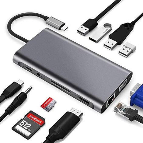 Hub USB-C 11-en-1 avec HDMI 4K, VGA, USB 3.0, USB-C PD, Ethernet, lecteur de cartes SD/TF, entrée auxiliaire 3,5 mm, compatible avec MacBook Pro/Air (1/5)