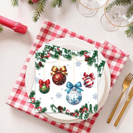 Serviettes Jetables Noël - Motifs Flocons De Neige Et Boules Festives - Pour Décoration De Table De Fête - Lot De 20 (1/5)