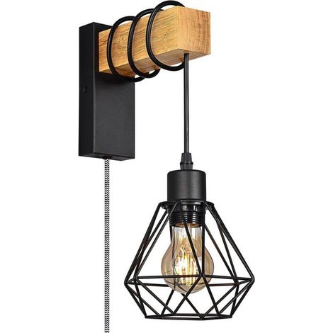 Applique murale cage bois et métal noir câble 150cm E27 nordique vintage (1/5)