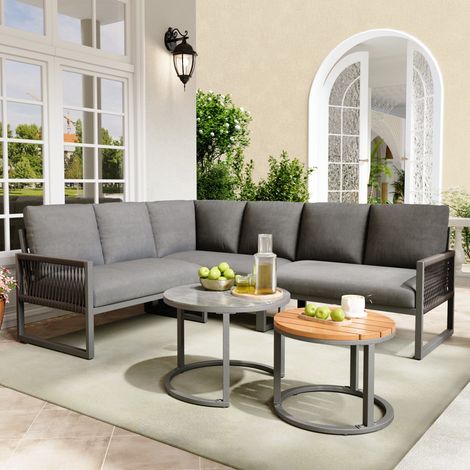 Sofá jardín esquinero con dos mesas y cojines gris HAVRYA (1/5)