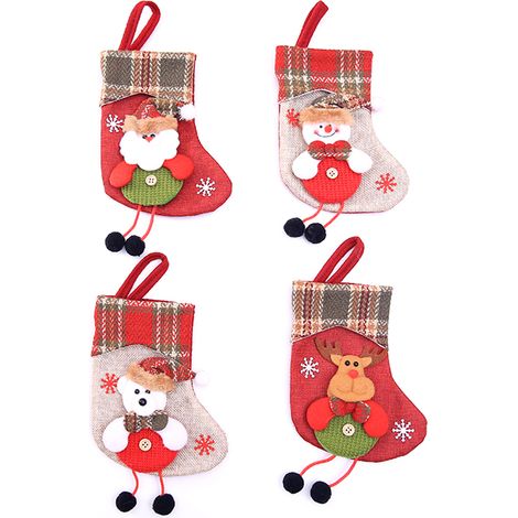 Chaussettes de Noël, lot de 4 bas de Noël classiques Père Noël, bonhomme de neige, renne, ours, personnages de Noël en peluche 3D avec bord en fausse fourrure, décorations de Noël et accessoires de fê (1/2)