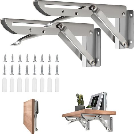 Lot de 2 consoles pliantes en acier inoxydable - Charge lourde - 200 mm - Supports d'étagère pliantes - Support d'étagère murale - Support d'étagère - Support d'étagère pour bricolage - Table pliante (1/5)