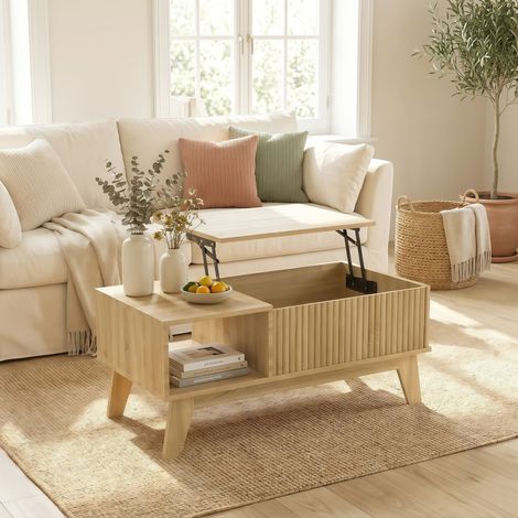Table basse plateau relevable style scandinave avec coffre de rangement caché et compartiment ouvert table de salon effet bois naturel - 95x48x42cm (1/5)