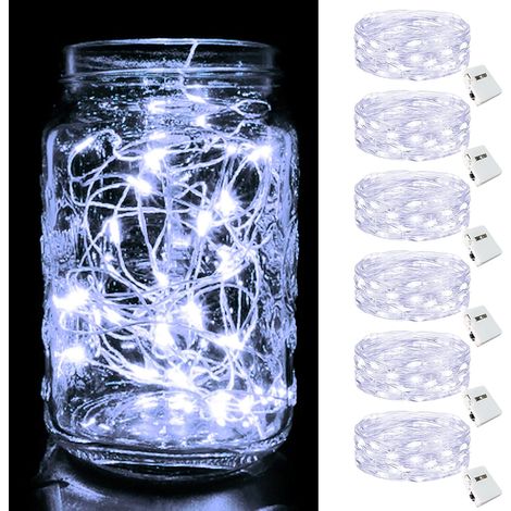 Lot de 6 Mini Guirlande LED à Pile, 2M 20LED 3 Modes Guirlande Lumineuse Pile, IP65 Étanche Petite Guirlande Lumineuse Led Interieur Décoration pour Jardin, Chambre, Mariage, Fête, Noël, Blanc Froid (1/5)