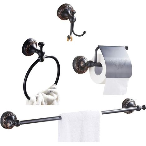 ZOLGINAH 4 pièces Porte-Papier Hygiénique Anneau Porte-Serviettes Crochet pour Peignoir Ensembles d'Accessoires pour Salle de Bain Construction en Laiton Style Américain Noir Murale avec Sculptures (1/5)