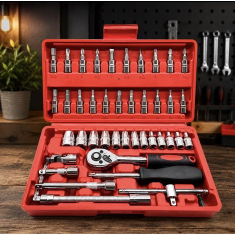 Coffret de Douilles et Embouts 46 Pièces avec Cliquet 1/4" Jeu de Clés à Douille, Kit d'Outils de Réparation Auto, Moto, Vélo, (1/5)