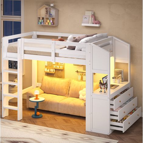 Kinder-Hochbett 90x200 cm Holz/MDF weiß mit LED, platzsparend, ohne Matratze – MEUBLIV (1/5)