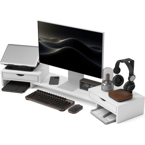 Moniteur d'ascenseur Ángulo y Longitud réglable 2 tiroirs pour PC portable 60-116x22x12 cm Blanc
