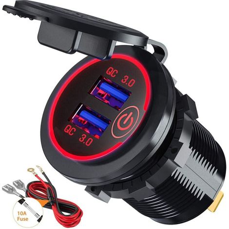 Adattatore USB Quick Charge 3.0 per auto con interruttore 12V/24V 36W Dual QC3.0 per imbarcazioni, moto e camion (rosso)