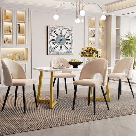 Set Tavolo e Sedie da Pranzo, 1 Tavolo e 4 Sedie, Schienale con Motivo a Rombi, in Velluto, Beige (1/5)