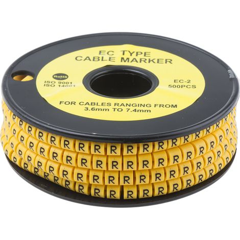 Repère câble , Ø câble 3.6  7.4mm, texte : R, Noir sur Jaune ( Prix pour Bobine de 500 )
