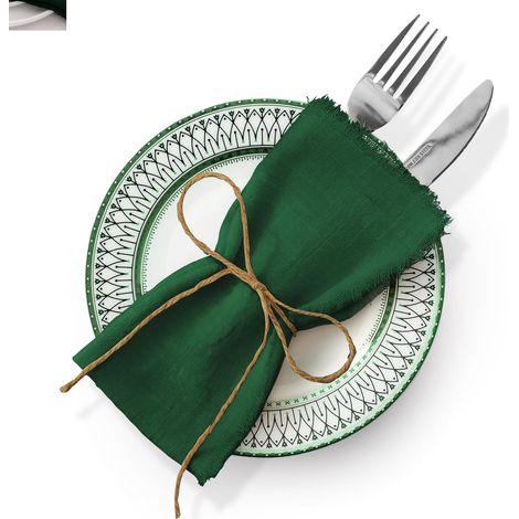 Lot de 6 serviettes carrées en coton et lin pour mariage, fête, style occidental, décoration de table, serviette en tissu de coton avec bord brut, vert foncé + 42 x 42 cm bord brut (1/5)