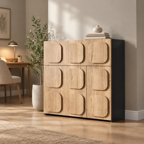 Commode 4 compartiments, 79,6 x 34,8 x 81,5 cm, décor bois naturel et noir HAVRYA (1/5)