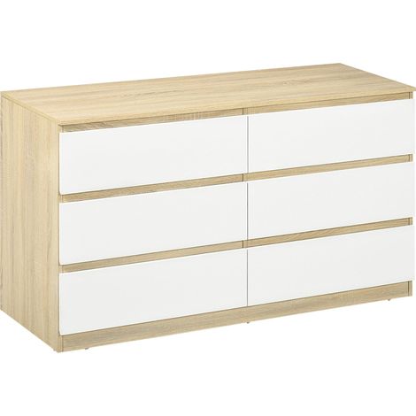 Commode moderne 6 tiroirs 135x48x77 cm, blanc et bois, idéale pour la chambre ou le salon avec un grand rangement au style naturel lumineux. (1/5)