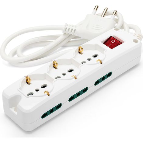 Multiprise – 3 prises polyvalentes (Schuko + 10/16A) + 6 prises bivalentes (10/16A) – Interrupteur lumineux – Couleur blanche (1/5)