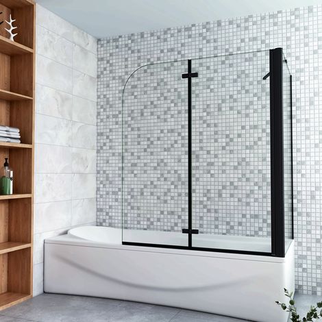 Parete Doccia 110x140cm Sopravasca Angolare 2 Ante Pieghevoli con Parete Laterale 70cm Vetro Temperato 6 mm Trasparente Anticalcare Nero Opaco