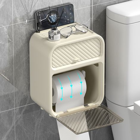 Moderner und stilvoller Toilettenpapierhalter mit integrierten Ablagen und verdecktem Schrank – Wasserdichte, langlebige und platzsparende Aufbewahrungslösung für Feuchttücher und Toilettenartikel – E