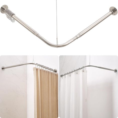 Barre de Douche d'Angle en L Réglable [62-121 cm] x [62-121 cm], avec 12 Crochets et Support de Plafond pour Baignoire ou Salle de Bain - Nickel Brossé