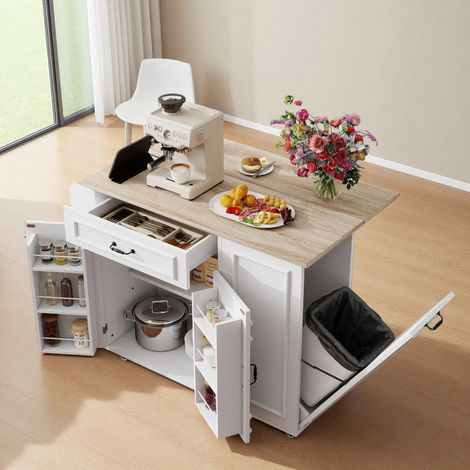 Buffet Cuisine,îlot de cuisine  avec Prise Électrique,Rangement Multiple,Parois Rabattables,Plan de Travail Spacieux,Blanc