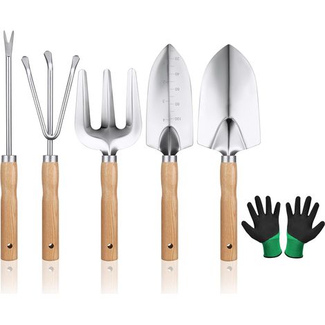 Outils de Jardinage, Ensemble d'outils de Jardin, 6pcs Garden Tool Set, Outil de Jardin Manche en Bois pour Jardinage Plantes Intérieur Extérieur avec Une Pelle Fourchette et Paire de Gants