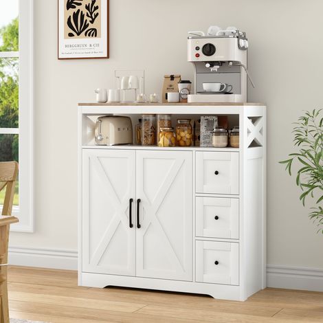 Buffet, Meuble de Cuisine avec 3 Tiroir, Meuble de Rangement avec 2 Portes, Étagère Réglable, Style Campagne, pour Salon, Salle à Manger et Cuisine, Nature et Blanc, 100x40x105 cm