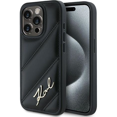 Karl Lagerfeld KLHCP14LPQDSMGK iPhone 14 Pro 6,1 Zoll schwarze/schwarze Hartschalen-Hülle mit diagonal gestepptem Schriftzug (1/5)