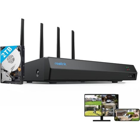 Reolink 4K 12-Kanal WiFi NVR mit 2TB HDD,Unterstützung 5/2,4 GHz WLAN mit WiFi 6,24/7 Lokale Aufzeichnung,Funktioniert mit Reolink Kabelgebundene WLAN Kameras (Ohne PoE-Ports),Schwarz
