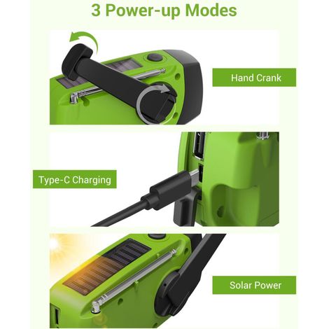 Radio de secours manivelle avec lampe torche 3 LED, radio météo AM/FM/NOAA portable, batterie 2000mAh, rechargeable solaire et USB pour camping intérieur et extérieur, vert.
