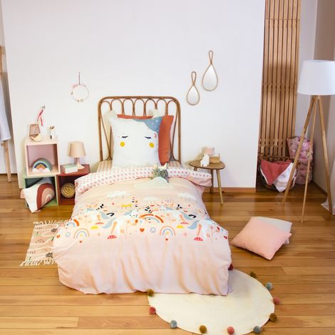 Parure Housse de couette enfant Licorne – 140x200 cm + 1 taie – 100% Polyester - 140x200cm - Rose