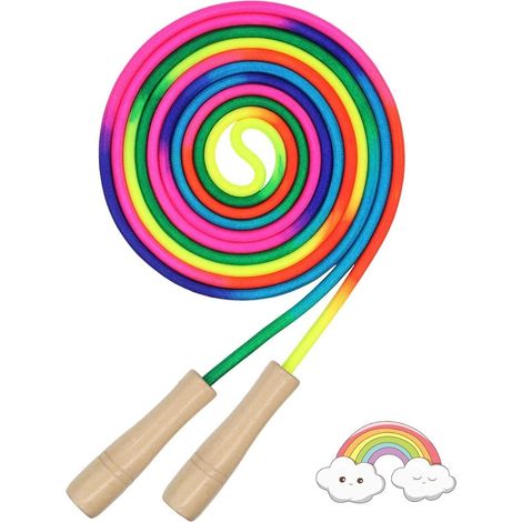 Corde à sauter longue - 5 mètres - Pour plusieurs personnes - Couleurs arc-en-ciel - Coton doux avec poignée en bois - Corde à sauter de groupe pour enfants et adultes - 5 m (1/5)